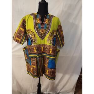 Green & Blue African Dashiki Tunic (Appears Handmade) 29" Long 46" Chest